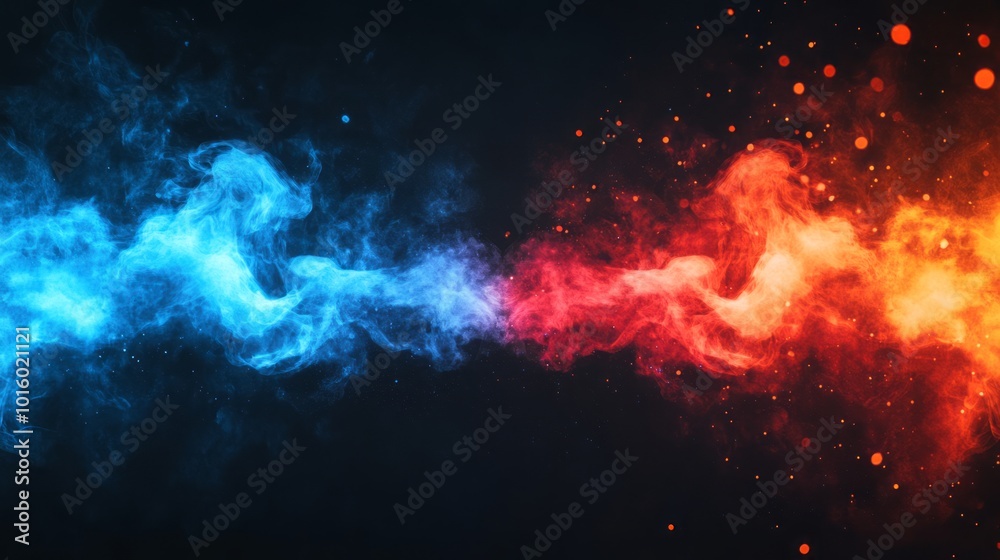 Dynamic blue vs red smoke effect background with abstract neon flame cloud and dust particles, representing cold versus hot concept for sports boxing competition and police digital banner design, feat Dynamic blue vs red smoke effect background with abstract neon flame cloud and dust particles, representing cold versus hot concept for sports boxing competition and police digital banner design, feat