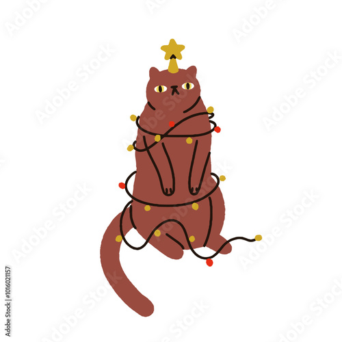 Cute funny cat tangled in Christmas lights, decoration. Festive feline tree. Kitty wrapped in Xmas holiday ornaments, star. Comic humorous flat vector illustration isolated on white background