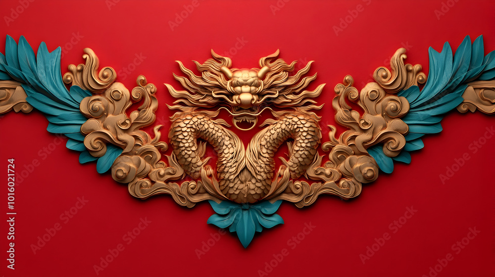 stunning dragon relief sculpture in gold and turquoise against vibrant red background, showcasing intricate details and craftsmanship. This artwork embodies cultural significance and artistic beauty stunning dragon relief sculpture in gold and turquoise against vibrant red background, showcasing intricate details and craftsmanship. This artwork embodies cultural significance and artistic beauty