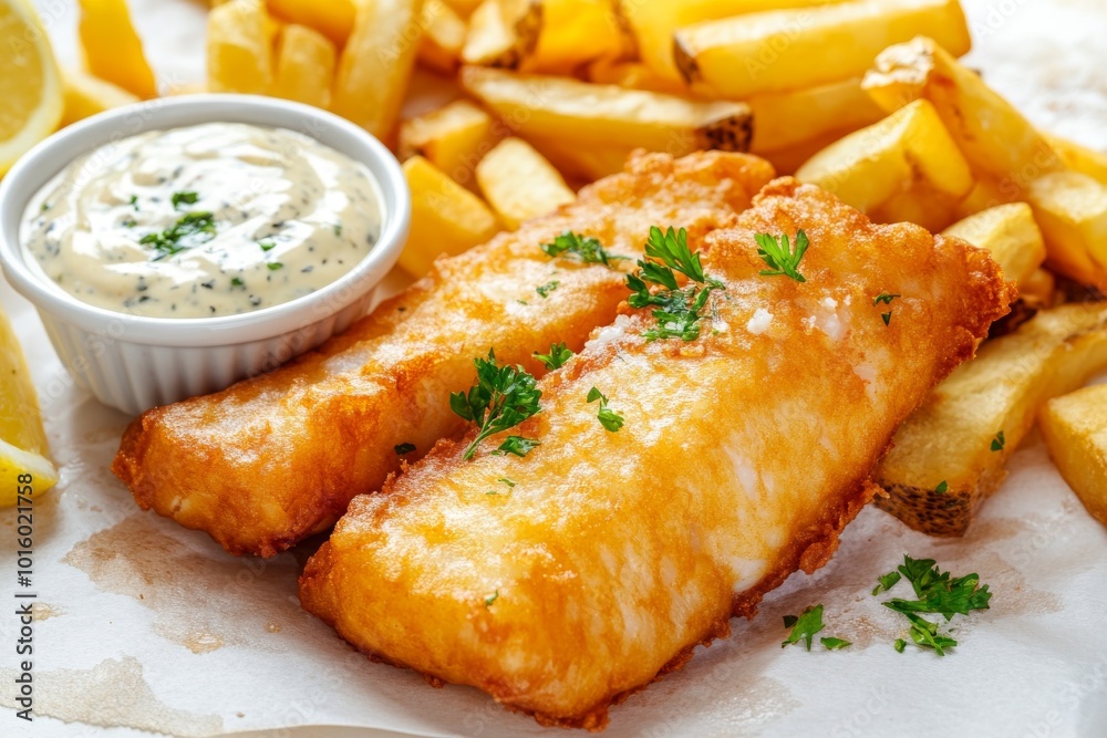Classic British Fish and Chips Served with Tartar Sauce Classic British Fish and Chips Served with Tartar Sauce
