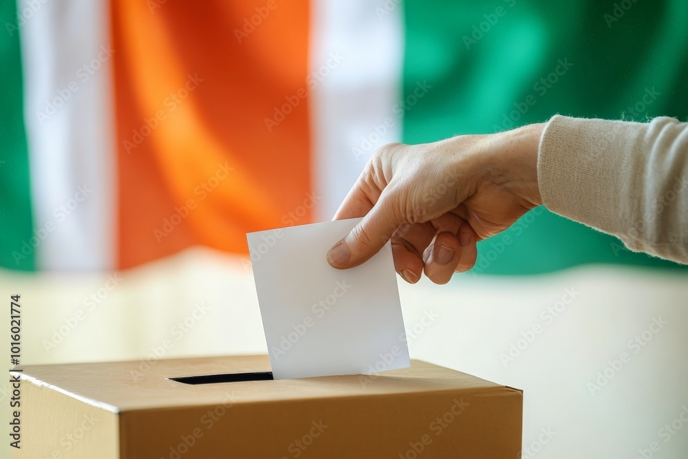A hand anonymously places a ballot into a voting box, set against a vividly colored flag backdrop, symbolizing the democratic process and voting rights. A hand anonymously places a ballot into a voting box, set against a vividly colored flag backdrop, symbolizing the democratic process and voting rights.