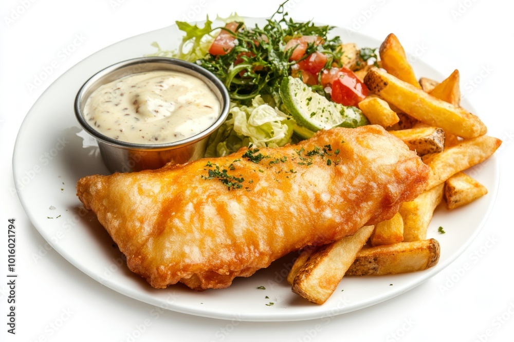 Classic British Fish and Chips with Tartar Sauce on White Background Classic British Fish and Chips with Tartar Sauce on White Background
