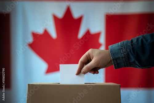 This image captures a person placing a ballot into a voting box set against the backdrop of a Canadian flag, symbolizing democracy and civic participation in Canada. photo