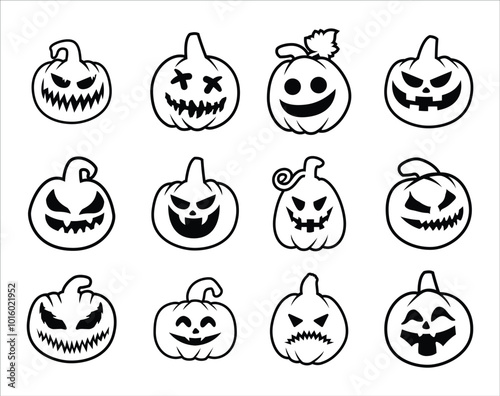 Halloween pumpkin head. Pumpkin with evil face. Halloween pumpkins with smirk smile. Vector stock illustration outline style for sticker, wall decor, hanging door decoration.