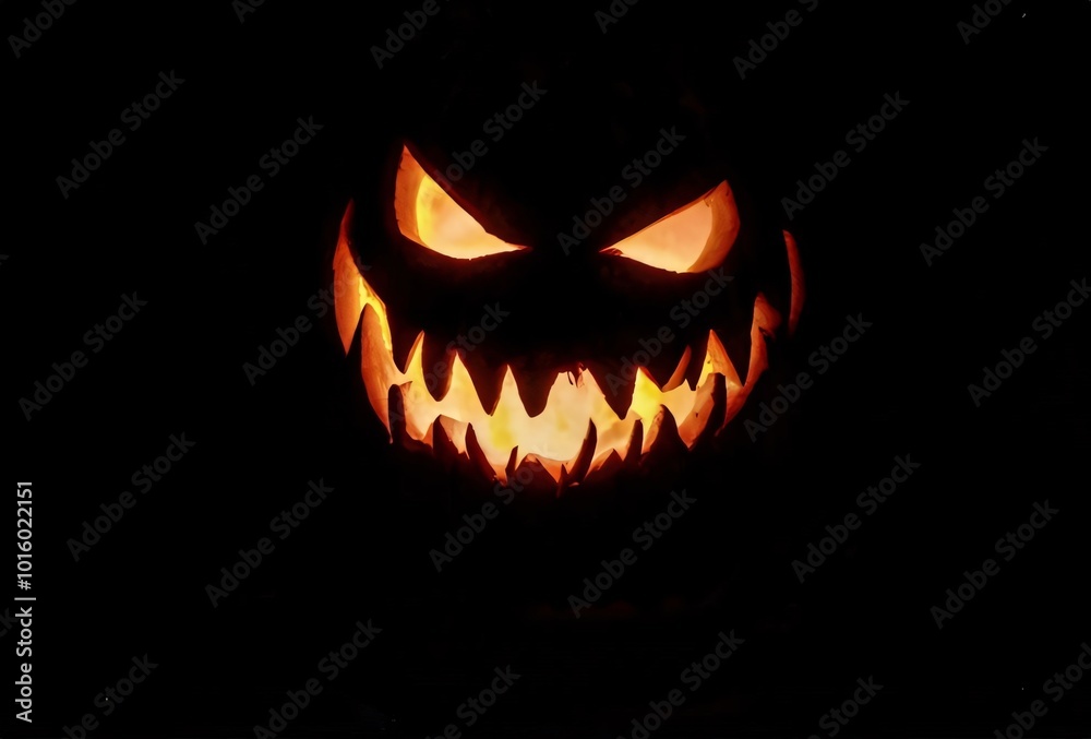 Halloween, jack-o'-lantern, pumpkin, spooky, creepy, haunted forest, full moon, glowing eyes, twisted trees, dark atmosphere, eerie, scary, nighttime, shadows, silhouette, orange glow, blue tones, hor