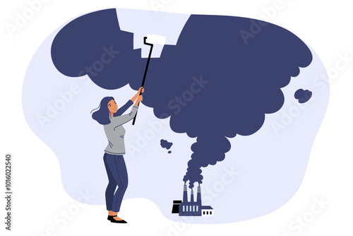 Woman ecologist fights harmful emissions from industrial factory using roller to remove smoke. Problem of harmful emissions from enterprises negatively affecting environment and causing climate change