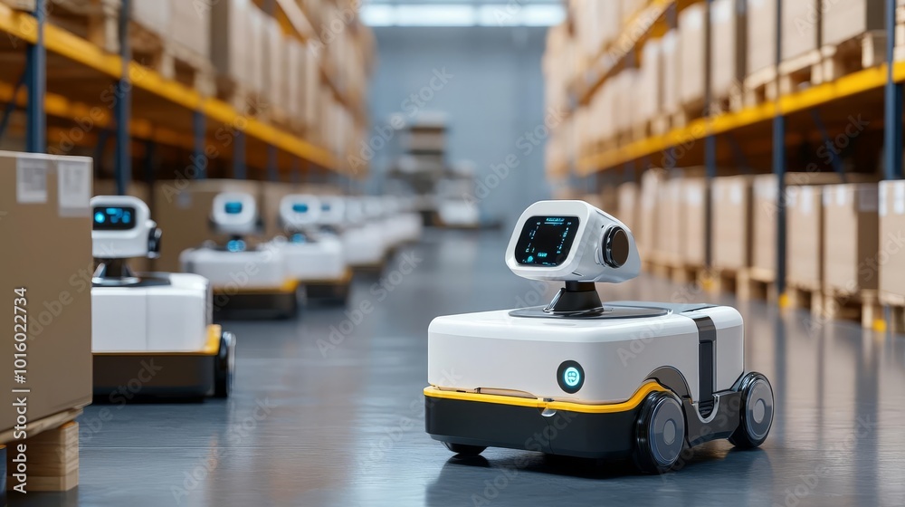 AI-enhanced logistics robots, managing global supply chains, futuristic warehouse AI-enhanced logistics robots, managing global supply chains, futuristic warehouse