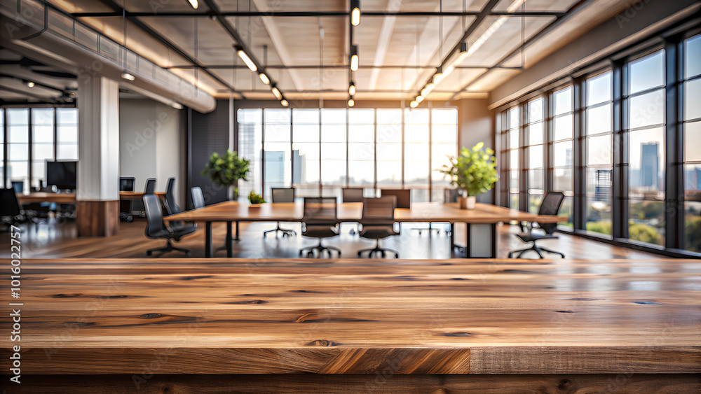 Empty wood table top blurred office with large windows, desks, and computers. Meeting room background Empty wood table top blurred office with large windows, desks, and computers. Meeting room background