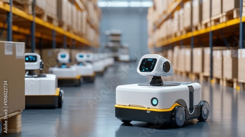 AI-enhanced logistics robots, managing global supply chains, futuristic warehouse