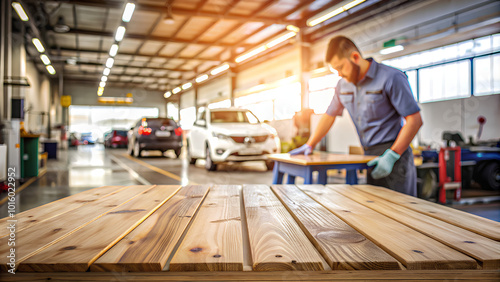 Empty wood table top blurred worker car in the garage background