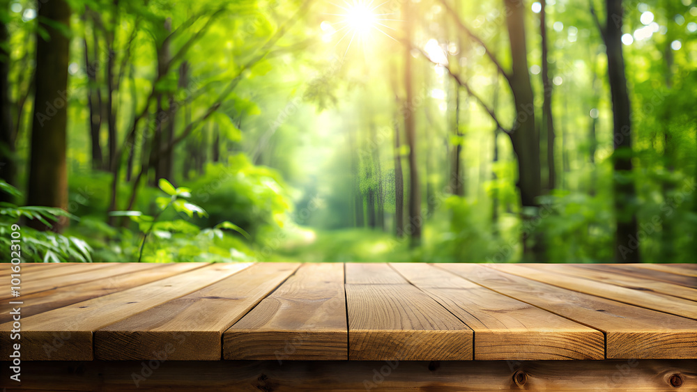 Empty wood top table with blurred green forest background Empty wood top table with blurred green forest background