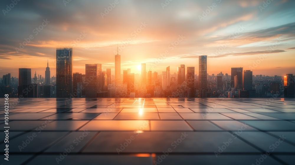 Vibrant Urban Dawn, an expansive view of a bustling downtown skyline bathed in the warm glow of sunrise, set against an empty floor that invites contemplation and inspiration.