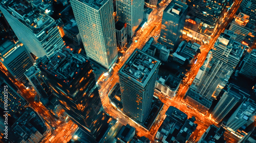 Aerial view of a vibrant modern cityscape at night with illuminated skyscrapers and bustling roads showcasing urban architecture and design