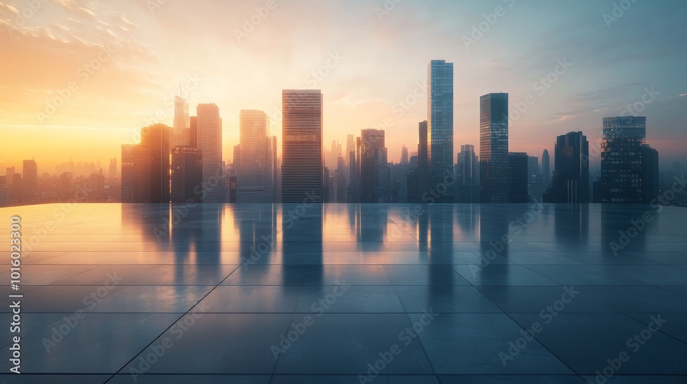 Vibrant City Awakening, a stunning skyline of downtown at sunrise, showcasing warm hues illuminating skyscrapers, with an open floor perspective inviting exploration.