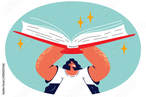 Smiling girl with huge book in hands