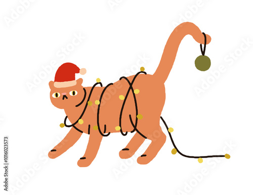 Cute cat in Santa hat, tangled in Christmas lights, garland decoration. Playful funny kitty, feline animal holiday fun with baubles and ornaments. Flat vector illustration isolated on white background