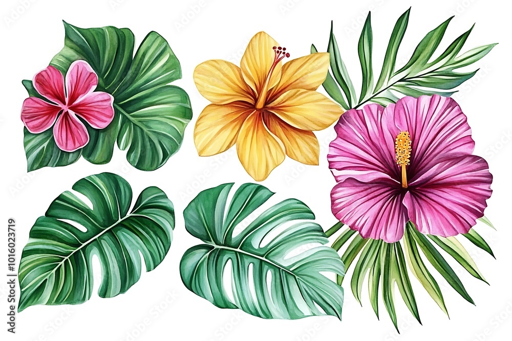 Tropical plants and flowers on a white background, watercolor drawing Tropical plants and flowers on a white background, watercolor drawing