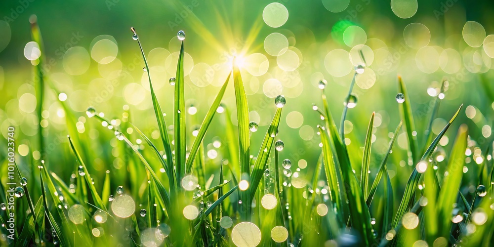 Fototapeta premium In the soft morning light, a vibrant green meadow sparkles with dew drops, radiating nature's pure beauty and freshness in a tranquil, inviting