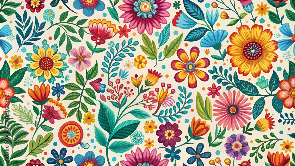 Colorful flower pattern on light background, featuring vibrant blooms and lush greenery, creating cheerful and lively atmosphere Colorful flower pattern on light background, featuring vibrant blooms and lush greenery, creating cheerful and lively atmosphere