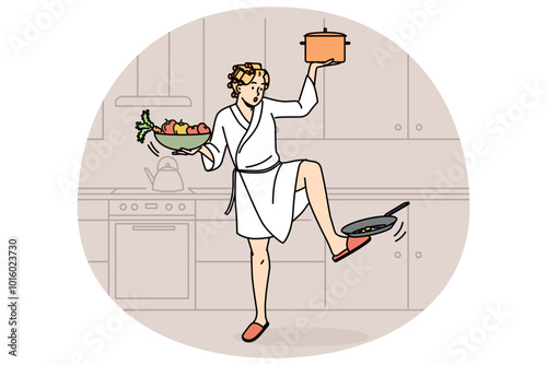 Woman in bathrobe multitask at home with household activities. Housewife busy with chores in kitchen. Vector illustration.