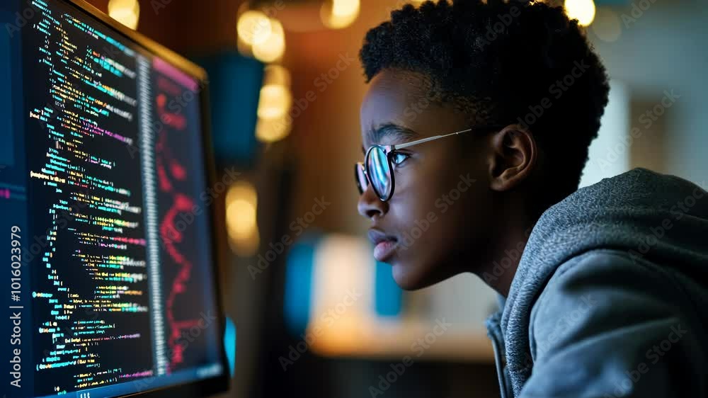 A Black school pupil studying coding at a computer, focusing on digital skills in education. Promoting inclusivity in learning about AI and cyber security