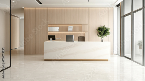 Modern reception area with sleek design, featuring minimalist white desk, wooden paneling, and large windows allowing natural light. space exudes professionalism and tranquility