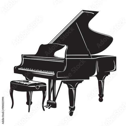 Stylized black and white illustration of a grand piano, a grand piano shape
