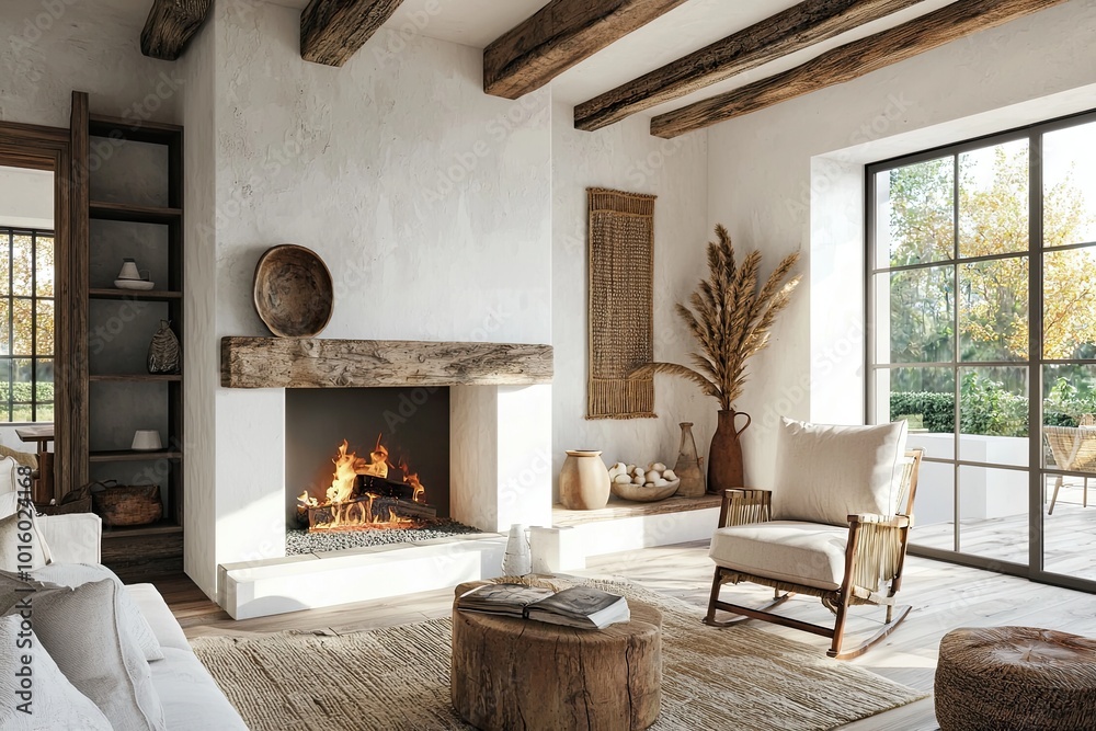 Modern living room interior with fireplace and armchair.