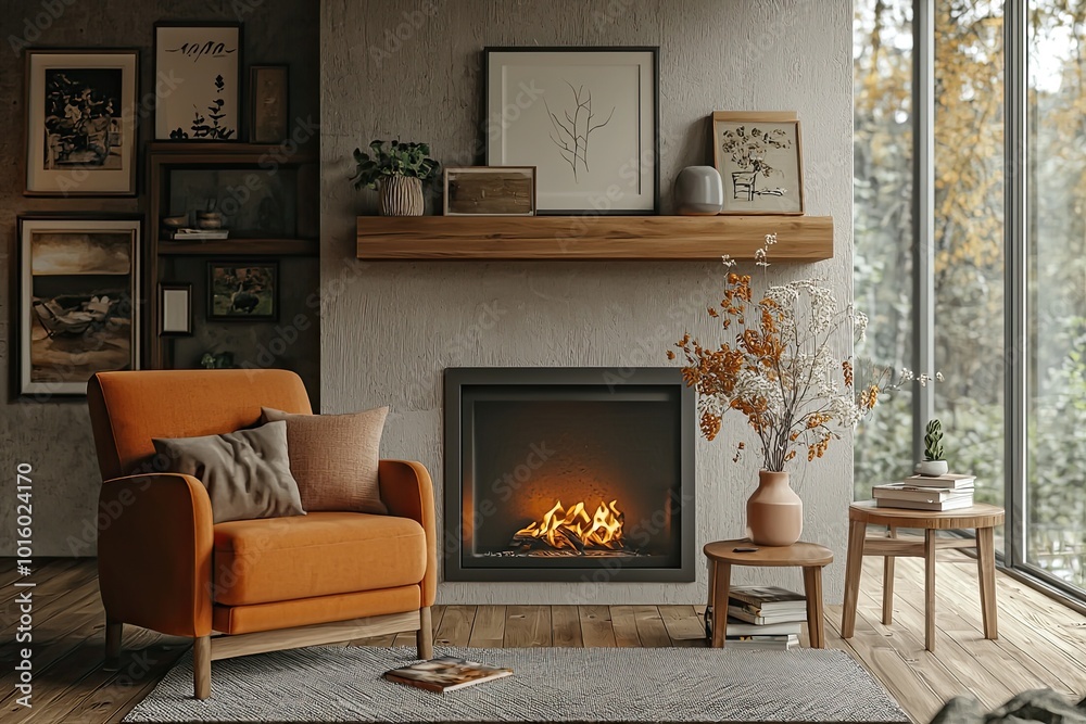 Modern living room interior with fireplace and armchair. Modern living room interior with fireplace and armchair.