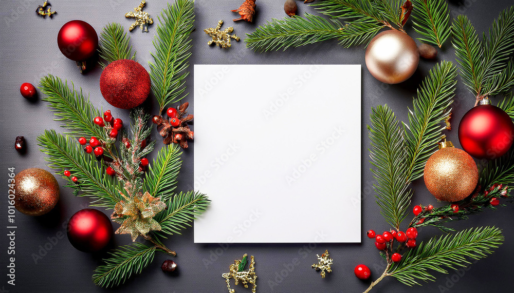 A blank Christmas card is elegantly placed at the center of a festive arrangement. Surrounding the card are lush green pine branches, Christmas greeting card, holiday greeting card designs A blank Christmas card is elegantly placed at the center of a festive arrangement. Surrounding the card are lush green pine branches, Christmas greeting card, holiday greeting card designs