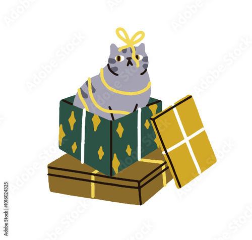 Cute cat sitting inside Christmas gift box. Playful kitty with ribbon bow, wi...