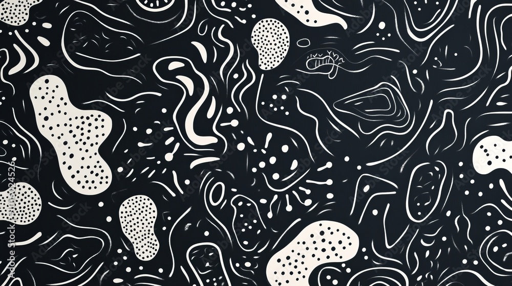 Naklejka premium Abstract black and white cartoon pattern design on dark background, ideal for creative wallpapers, graphic design projects, and contemporary art backgrounds 