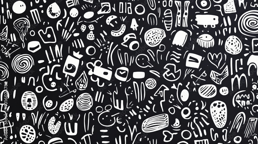Naklejka premium Abstract black and white cartoon pattern design on dark background, ideal for creative wallpapers, graphic design projects, and contemporary art backgrounds 