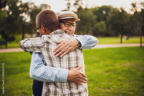 Happy grandfather and grandson are hugging and embracing in park. photo