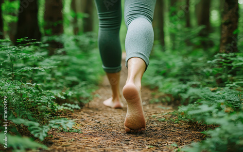 Barefoot walking on a forest path surrounded by lush greenery. photo