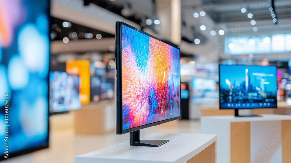 High resolution 4K TVs on sleek display stands showcase vibrant colors in modern electronics store, creating an inviting atmosphere for tech enthusiasts High resolution 4K TVs on sleek display stands showcase vibrant colors in modern electronics store, creating an inviting atmosphere for tech enthusiasts