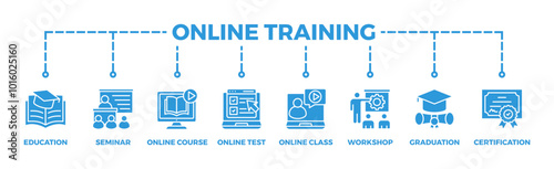 Online training banner web icon vector illustration concept with icon of education, seminar, online course, online test, online class, workshop, graduation, certification