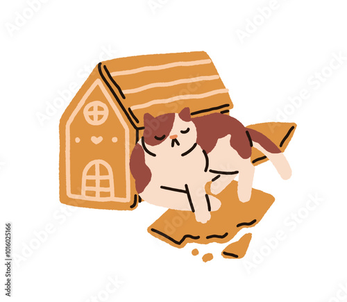 Naughty cat sleeping by broken gingerbread house, festive cookie crumbs. Mischievous kitty asleep at Christmas holiday ginger bread. Cute feline. Flat vector illustration isolated on white background