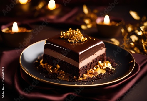 elegant chocolate dessert bathed warm soft lighting highlighting rich texture decadent layers opulent presentation, cake, gourmet, indulgent, slice, luxury