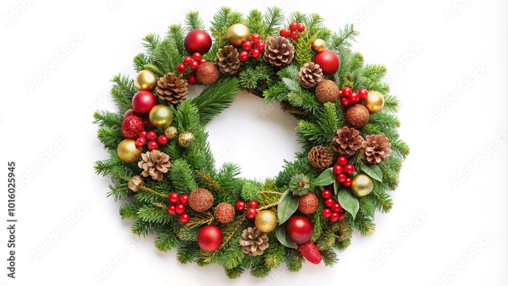 Festive Christmas wreath made of fresh green pine branches, decorated with red and gold baubles, pine cones, and berries. A perfect traditional holiday decoration for doors or walls, symbolizing joy a Festive Christmas wreath made of fresh green pine branches, decorated with red and gold baubles, pine cones, and berries. A perfect traditional holiday decoration for doors or walls, symbolizing joy a
