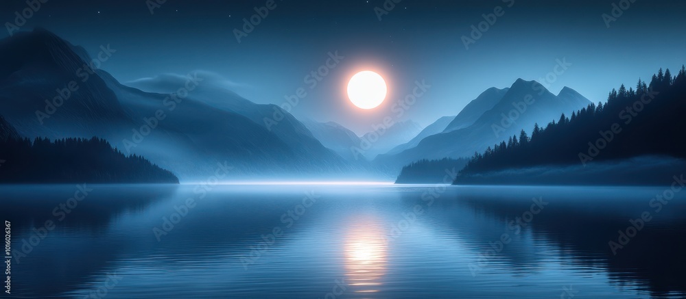 Serene mountain lake with mist and a glowing moon in the twilight sky. Serene mountain lake with mist and a glowing moon in the twilight sky.