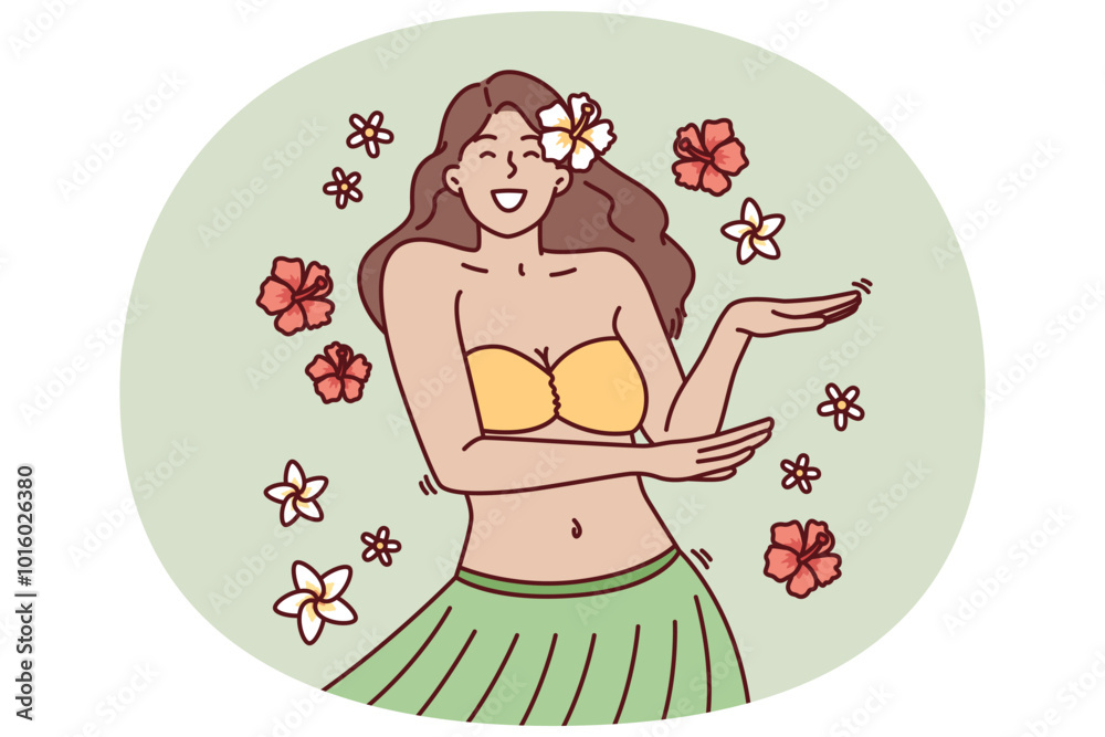 Obraz premium Beautiful girl in exotic outfit dances hula relaxing at Hawaiian resort or theme party in nightclub. Woman with flower in hair performs Hawaiian dance to greet tourists visiting tropical island