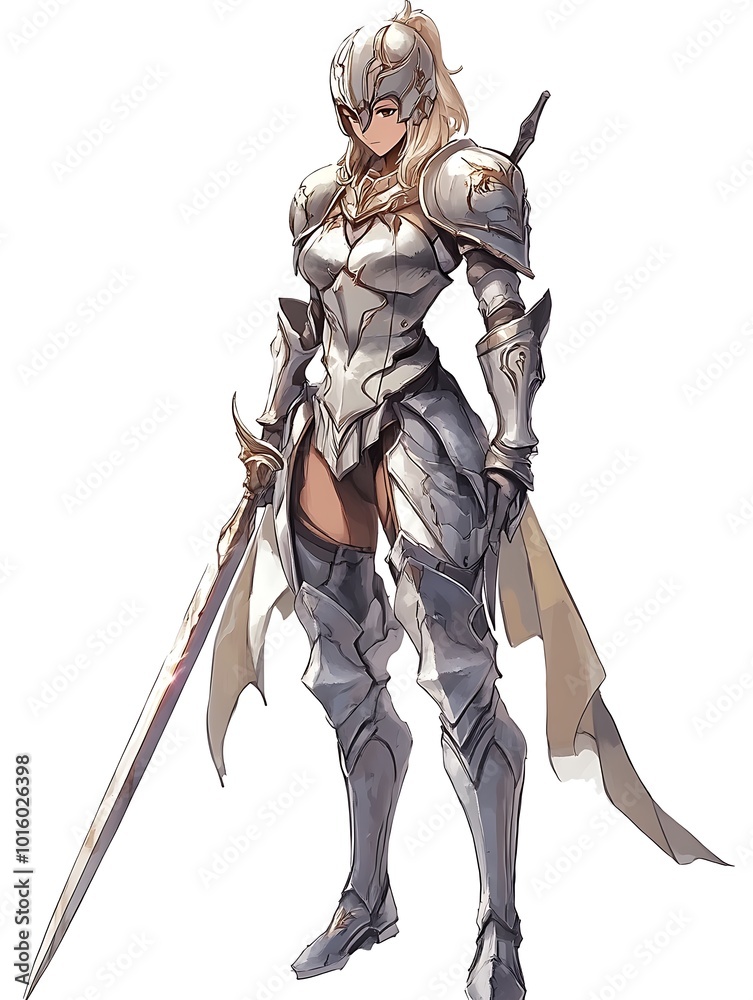 Female Warrior in Full Plate Armor Holding a Sword. Female Warrior in Full Plate Armor Holding a Sword.