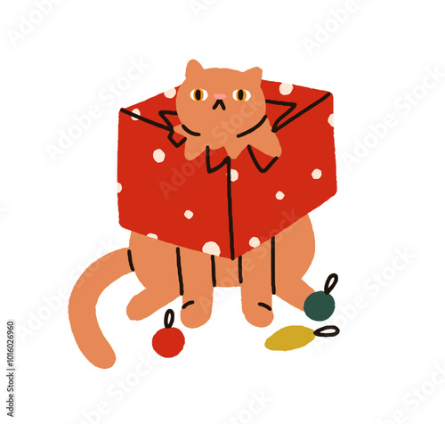 Naughty cat inside Christmas gift box, torn paper wrapping, holiday surprise....