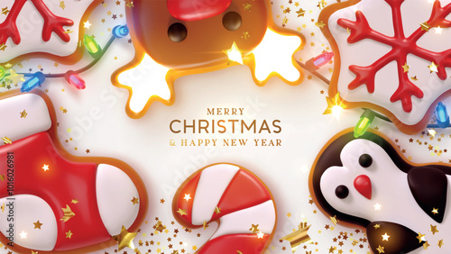 Christmas holiday background. Realistic 3d in neon light gingerbread cookies. Xmas border with sweet cute cookies with bright colorful decorative garlands. Vector illustration