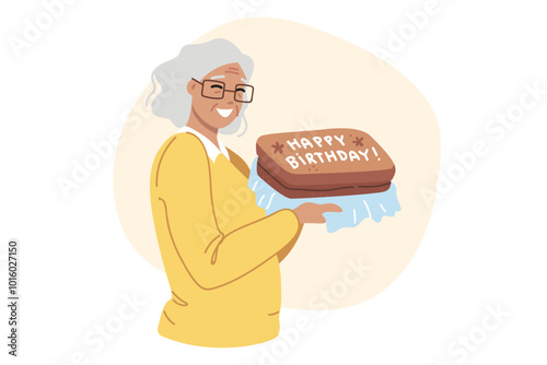 Birthday cake in hands of happy elderly woman celebrating centenary and rejoicing in congratulations from family. Grandma birthday ready to receive gifts and listen to compliments.