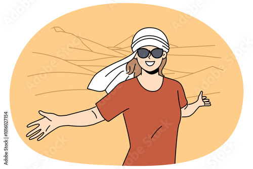 Overjoyed woman in headwear posing in desert. Smiling female in traditional white headscarf enjoy traveling in dunes. Vector illustration.