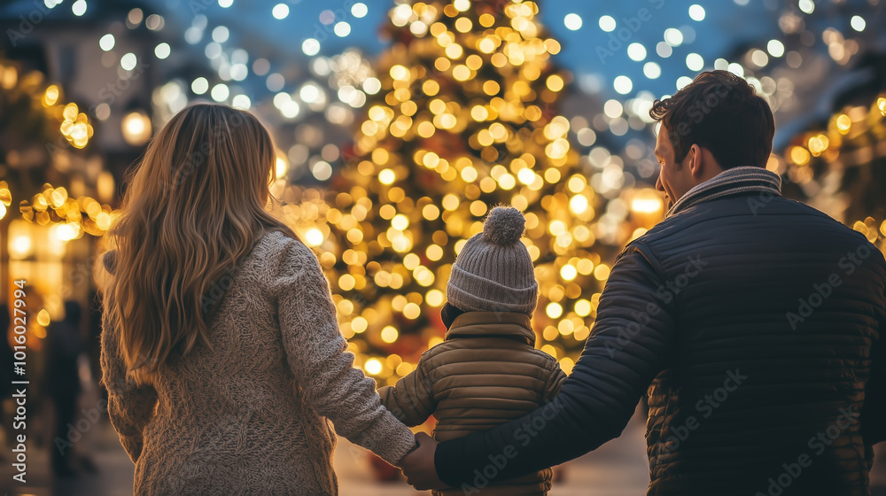 Seen from behind, father, mother and child hold hands facing the Christmas tree decorations during Christmas celebrations Seen from behind, father, mother and child hold hands facing the Christmas tree decorations during Christmas celebrations