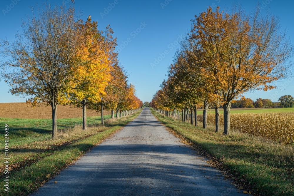 The image presents a straight country road lined with autumn trees shedding leaves, under a bright blue sky, symbolizing a peaceful journey amidst fall colors. The image presents a straight country road lined with autumn trees shedding leaves, under a bright blue sky, symbolizing a peaceful journey amidst fall colors.