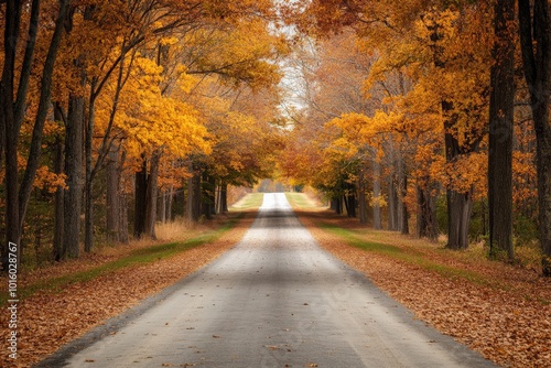 A long, quiet road is lined with vibrant orange leaves reflecting autumn's beauty and tranquility, creating a serene and picturesque landscape worth admiring. photo